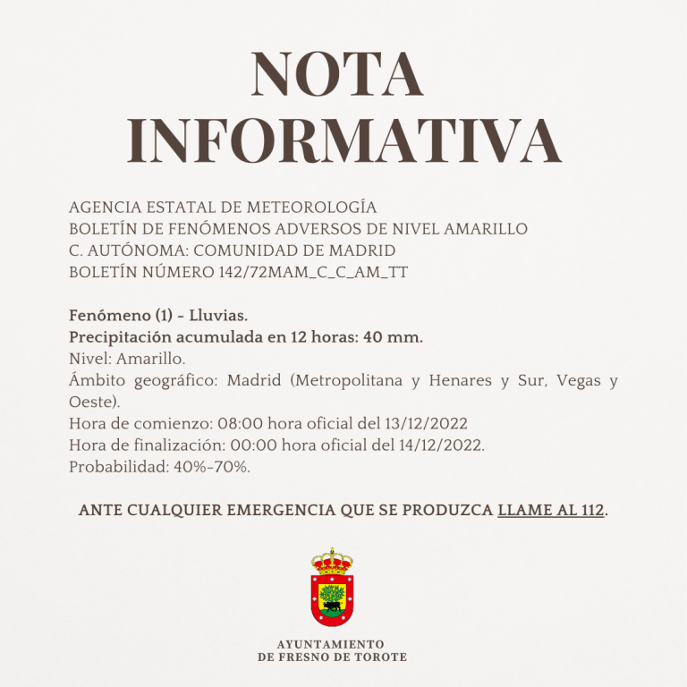 NOTA INFORMATIVA: Aviso amarillo por lluvia.