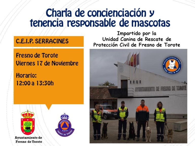 Recordatorio – Mañana Charla de Concienciación y Tenencia Responsable de Mascotas en el C.E.I.P. Serracines