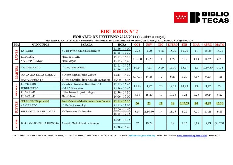 HORARIO INVIERNO BIBLIOBUS