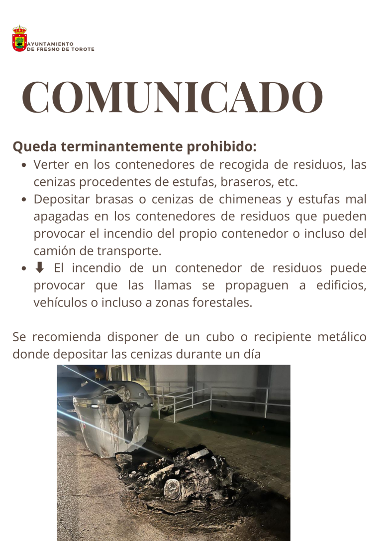 Comunicado – Precaución con las cenizas de estufas, braseros, etc.