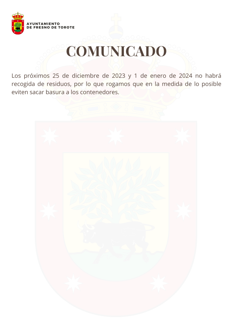 Comunicado – Recogida de basura para el 25 de DIC 2023 y el 1 de ENE 2024