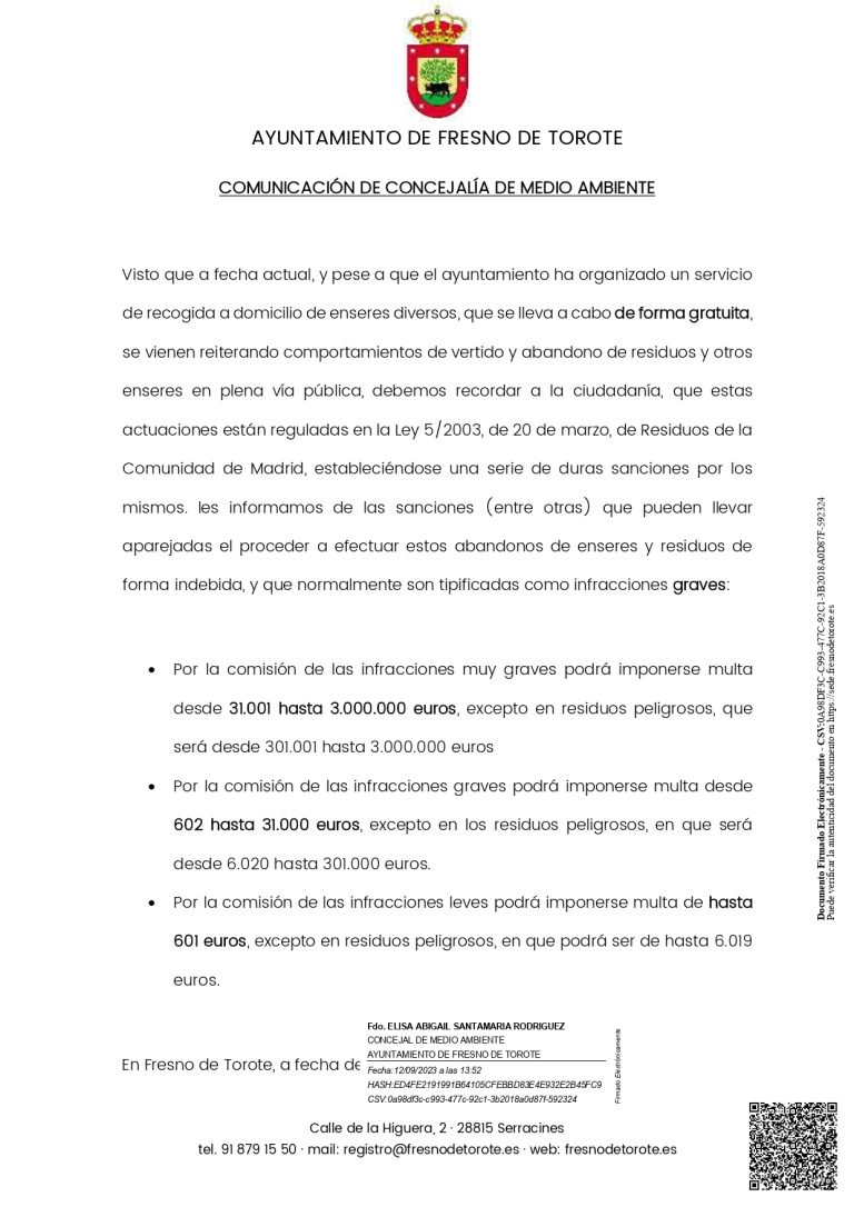COMUNICADO DE SANCIONES POR VERTIDOS