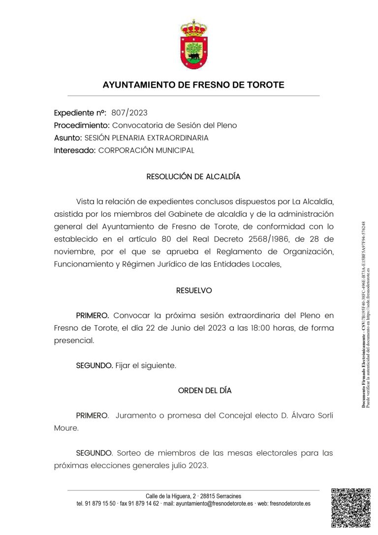 Convocatoria pleno extraordinario: 22 de junio