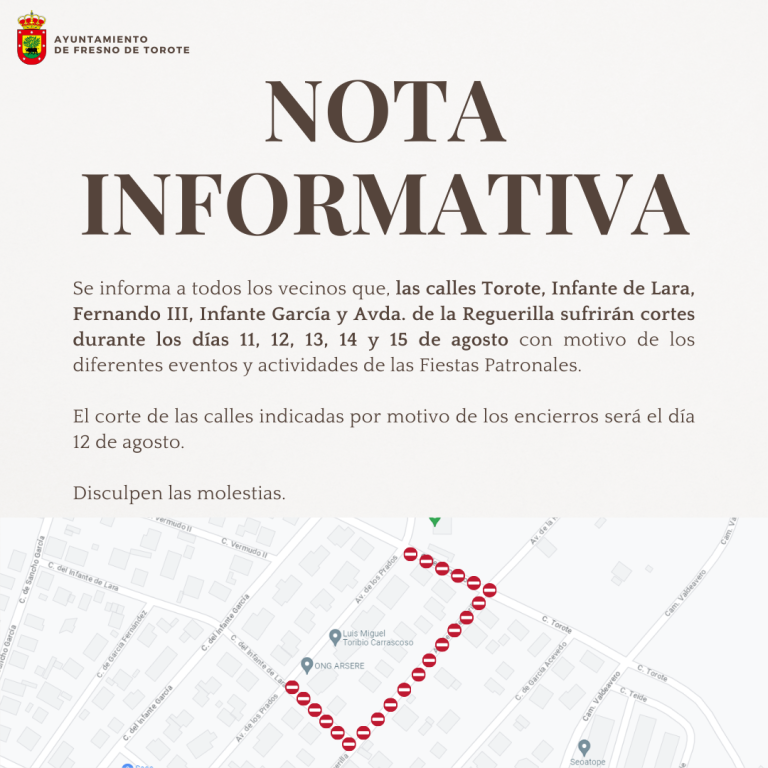 Nota informativa: Cortes por Fiestas Patronales