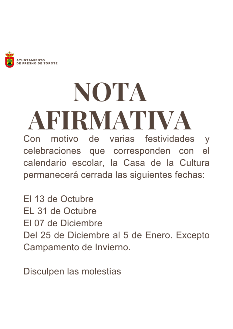 NOTA INFORMATIVA CASA DE LA CULTURA