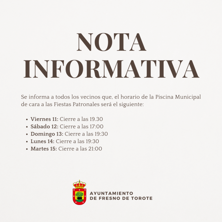Nota informativa: Horarios cierre de la Piscina Municipal por fiestas