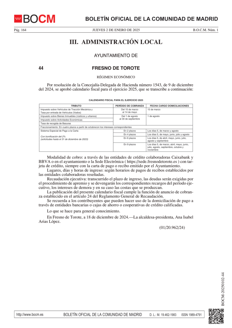 📅 CALENDARIO FISCAL 2025 – AYUNTAMIENTO DE FRESNO DE TOROTE 📅