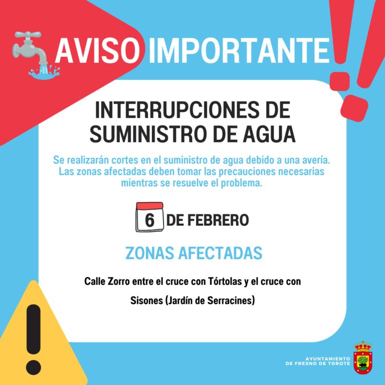 📢 AVISO IMPORTANTE 📢 💧 Interrupciones de suministro de agua 💧
