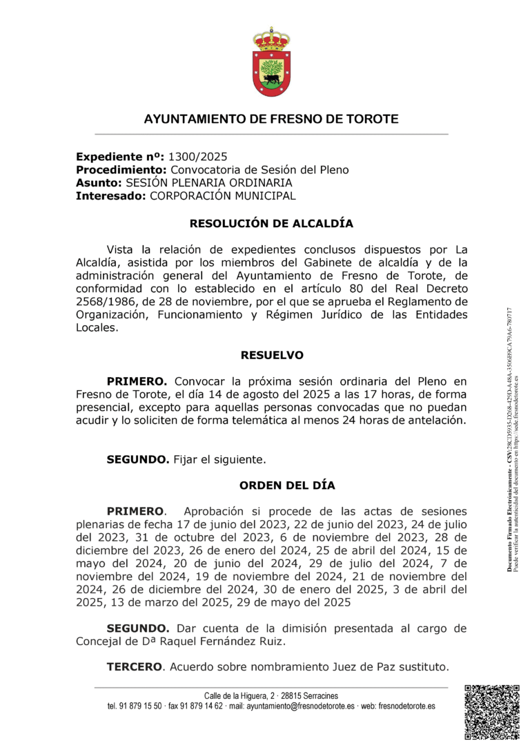 Convocatoria de Sesión Plenaria Ordinaria – Jueves, 14 de agosto de 2025